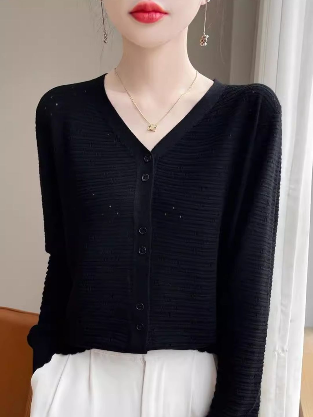 Long Sleeve V-Neck Top Hollow Knit Cardigan - Pink