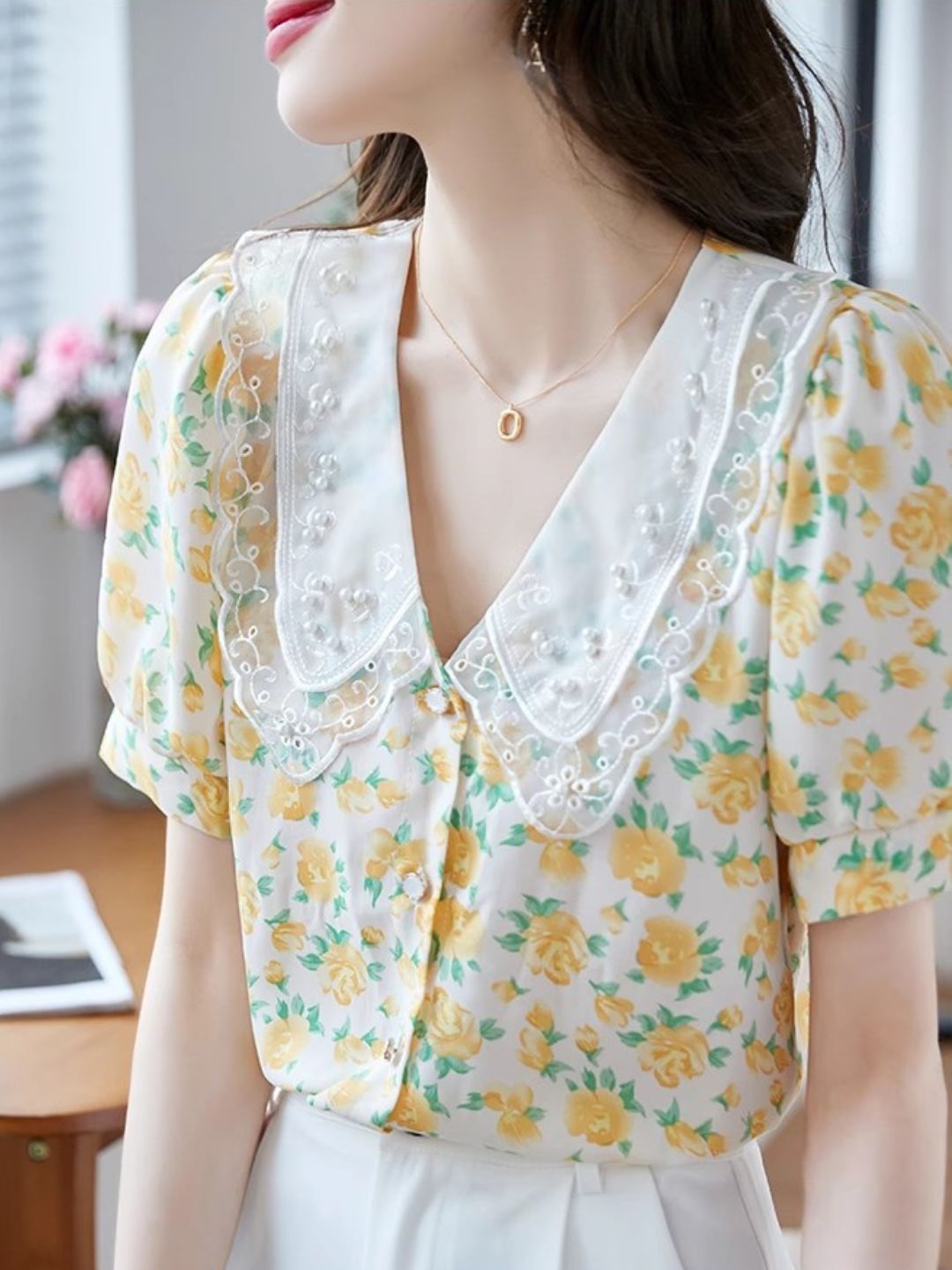 Classic Floral Printed Beaded Chiffon Shirt -Blue