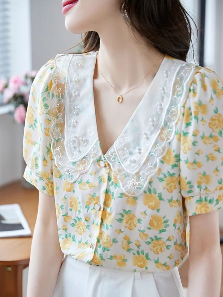 Classic Floral Printed Beaded Chiffon Shirt -Blue
