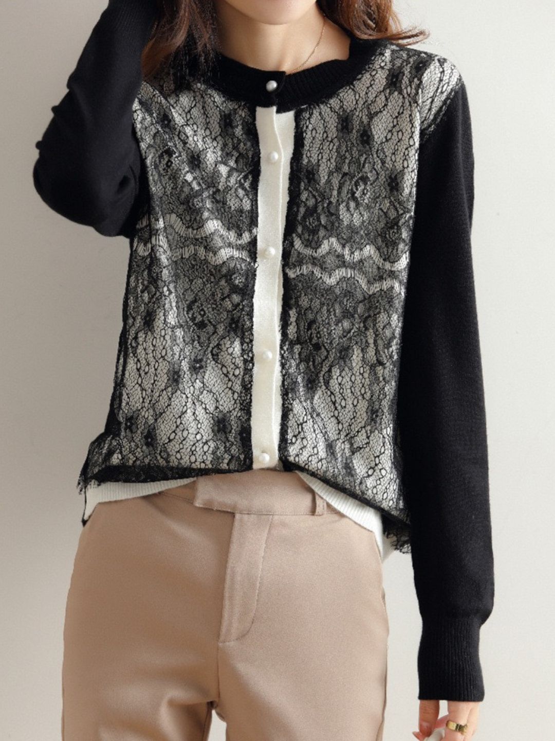 Crew Neck Lace Knit Sweater
