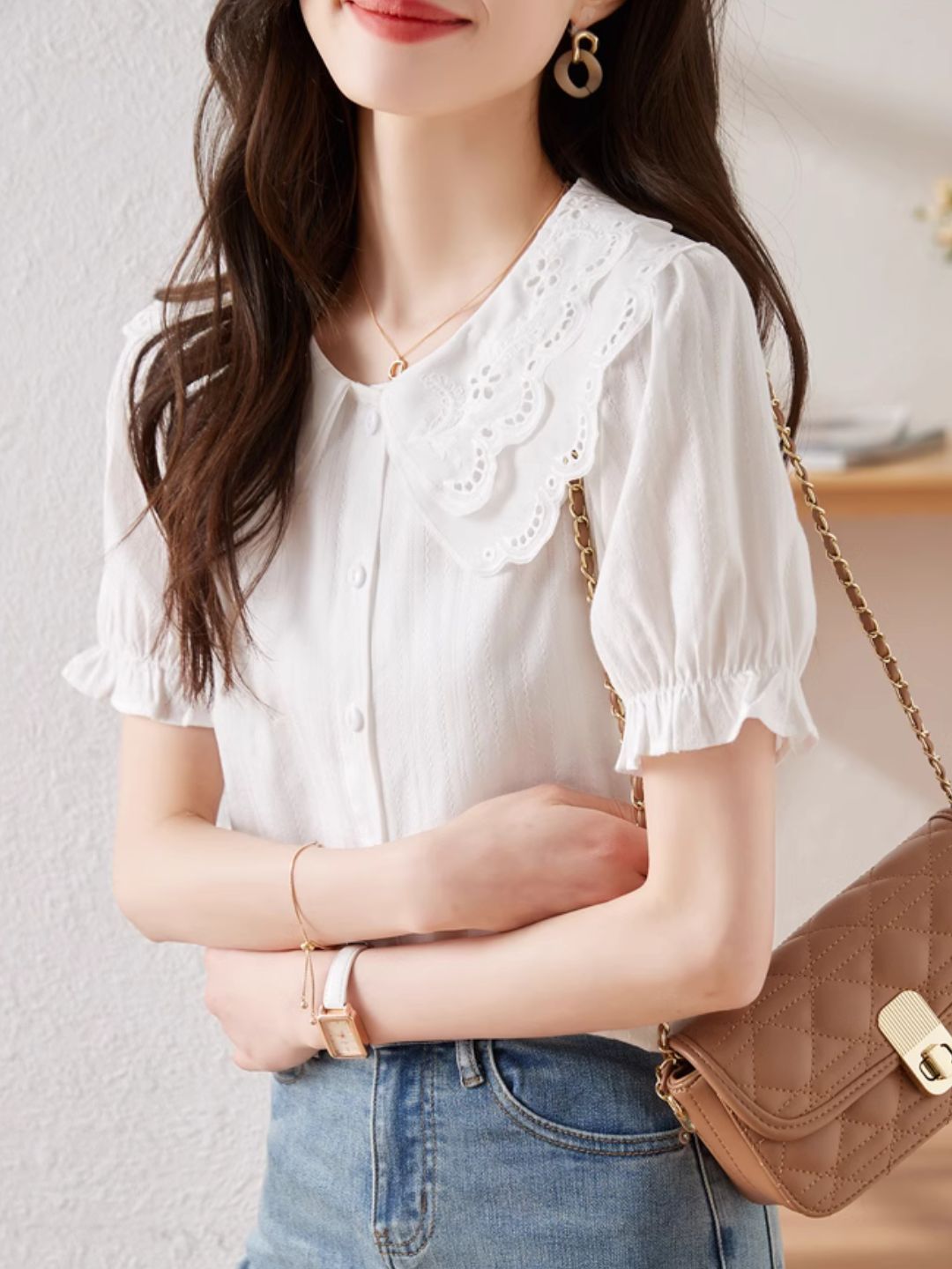 French Lace Double Collar Puff Sleeve Shirt