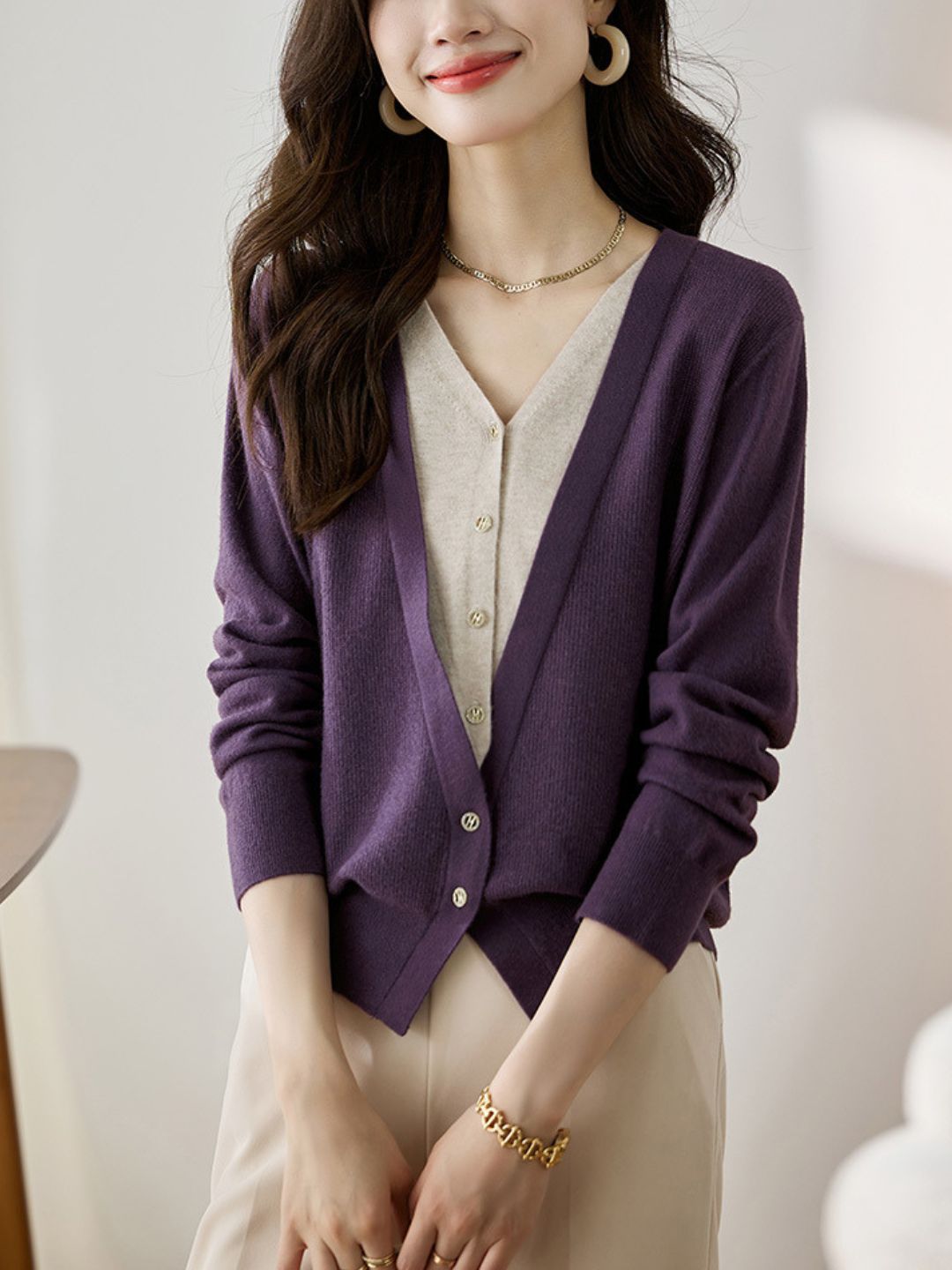 Colorblock Knitted Cardigan - Purple