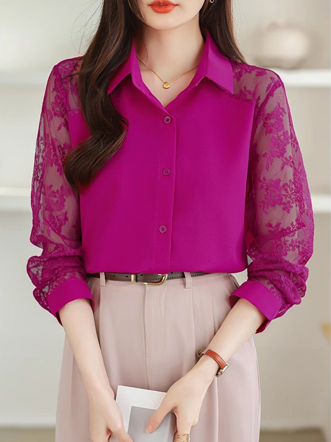 Lace Loose Lapel Chiffon Shirt - Red