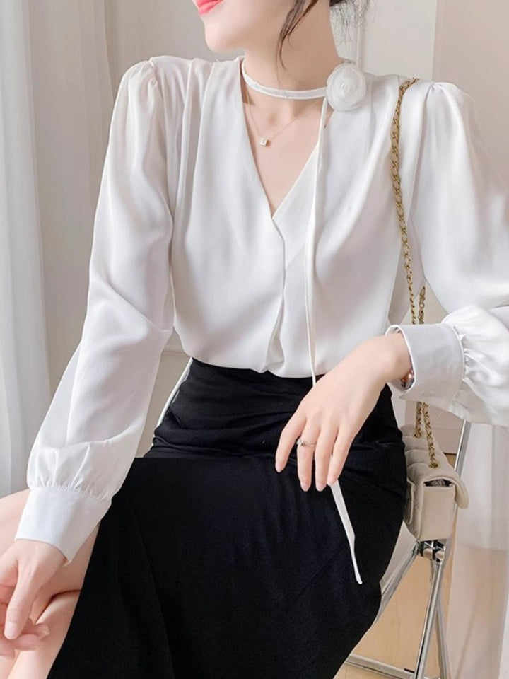 Gentle Style Rose Halter Neck Chiffon Shirt - Blue