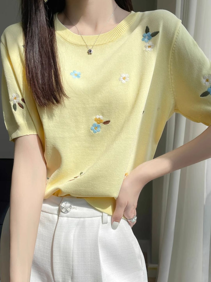 Crew Neck Embroidered Knitted Short Sleeves