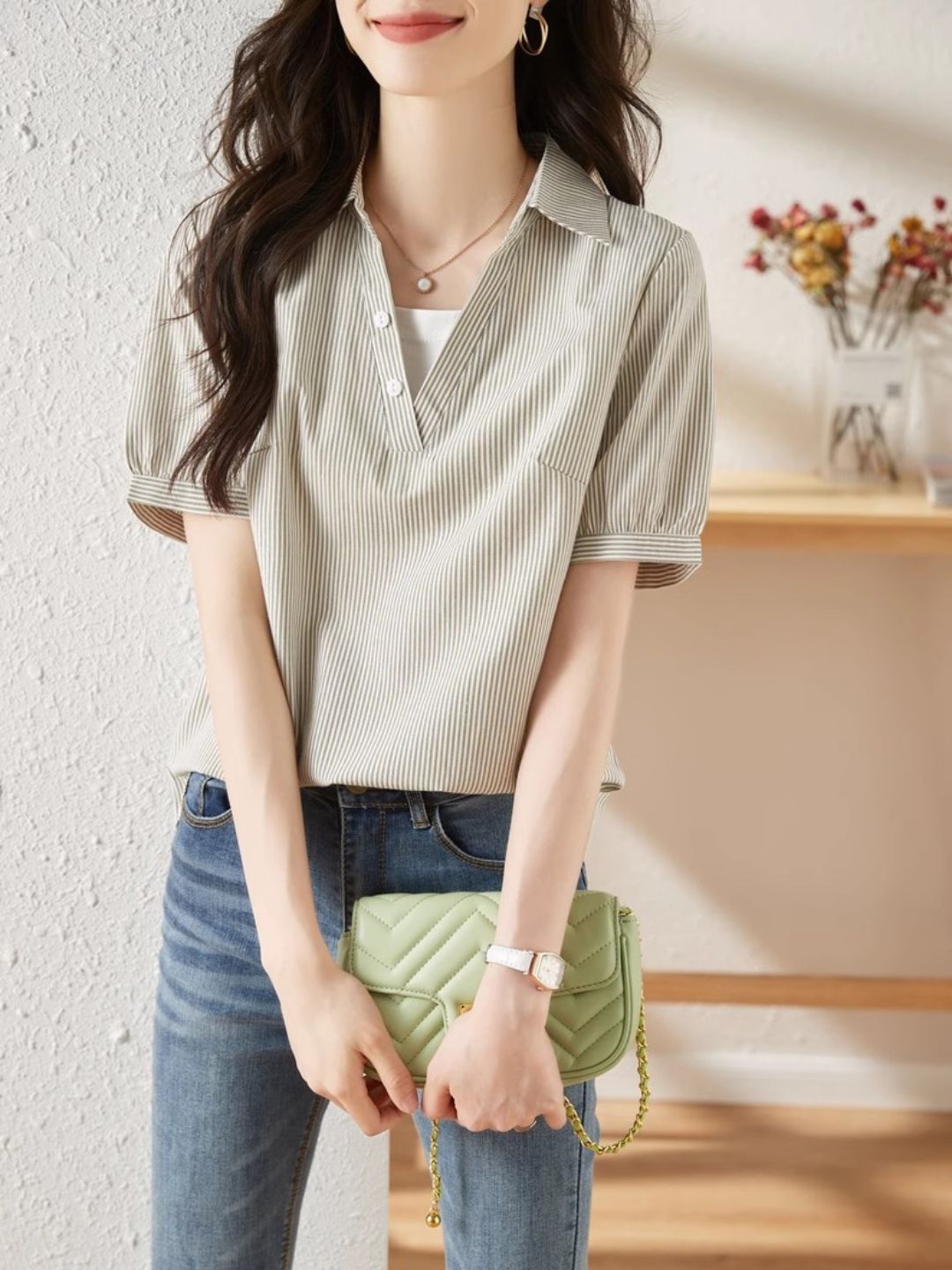 Striped Short-sleeved Lapel Shirt