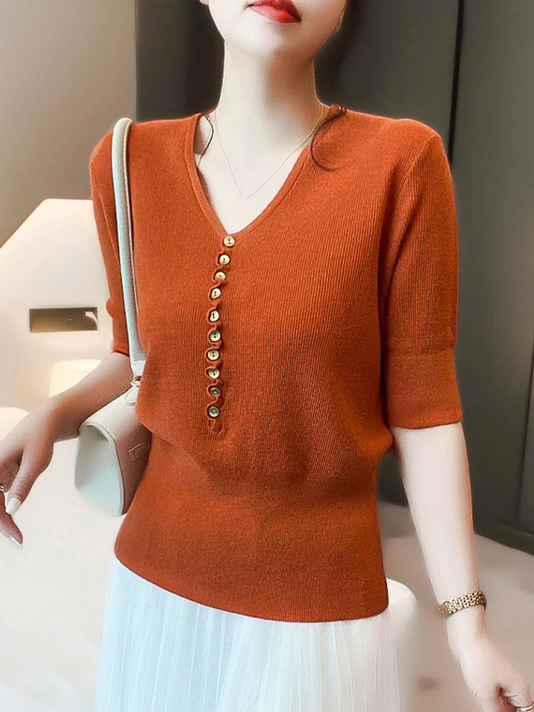 Loose V-Neck Button Knitted Top - Orange