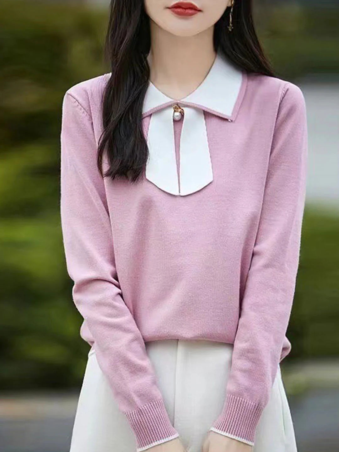 Doll Collar Bow Colorblock Knitted Top