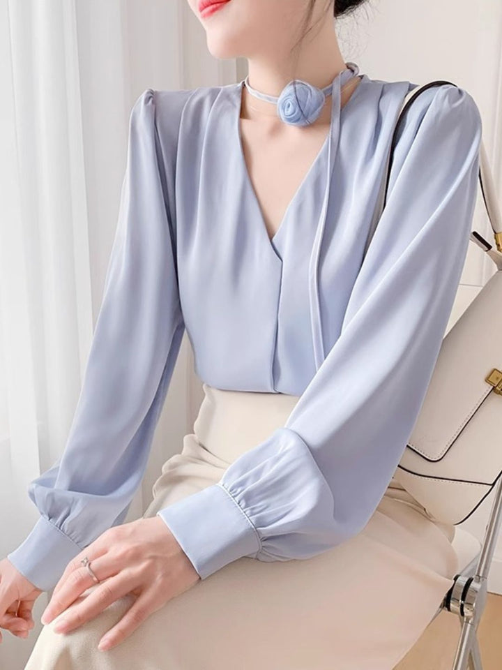 Gentle Style Rose Halter Neck Chiffon Shirt - Blue