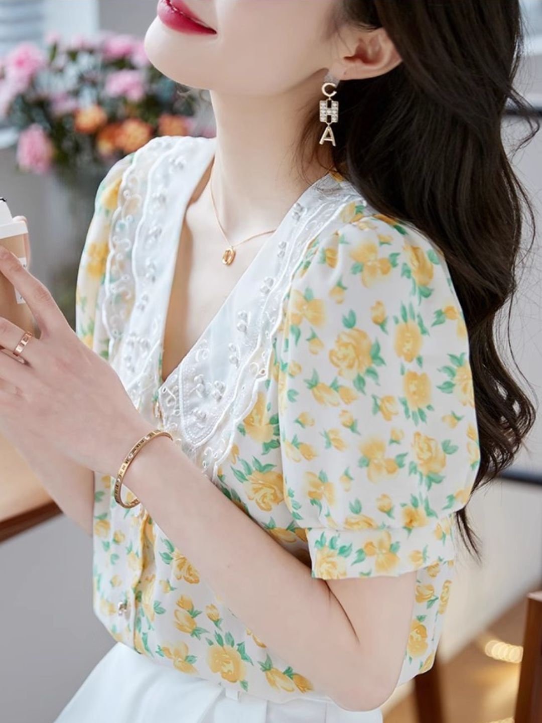 Classic Floral Printed Beaded Chiffon Shirt -Blue