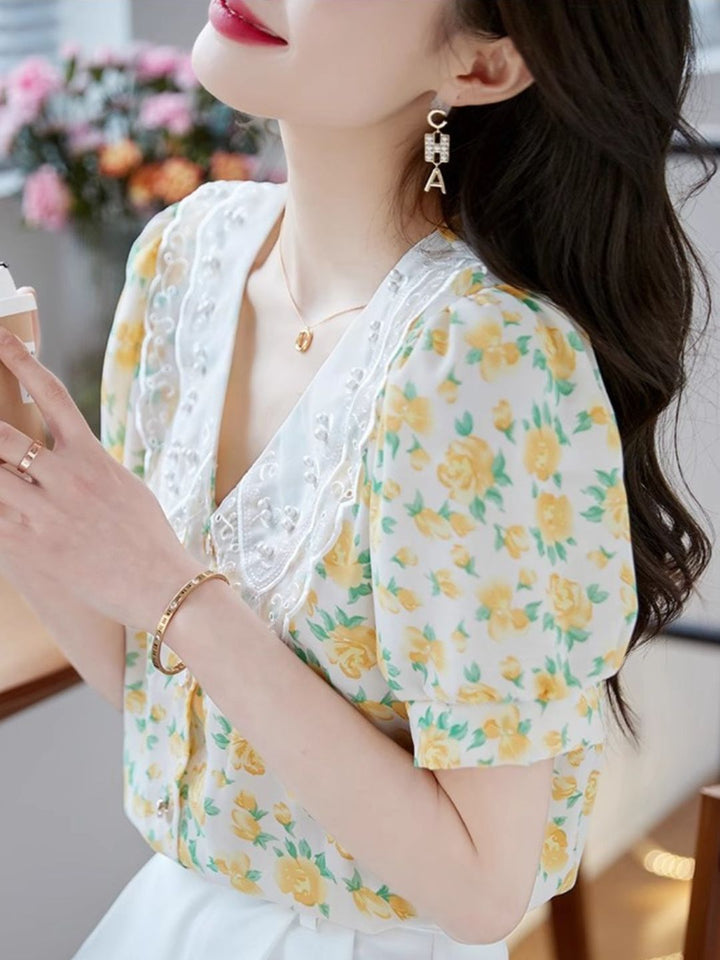 Classic Floral Printed Beaded Chiffon Shirt -Blue