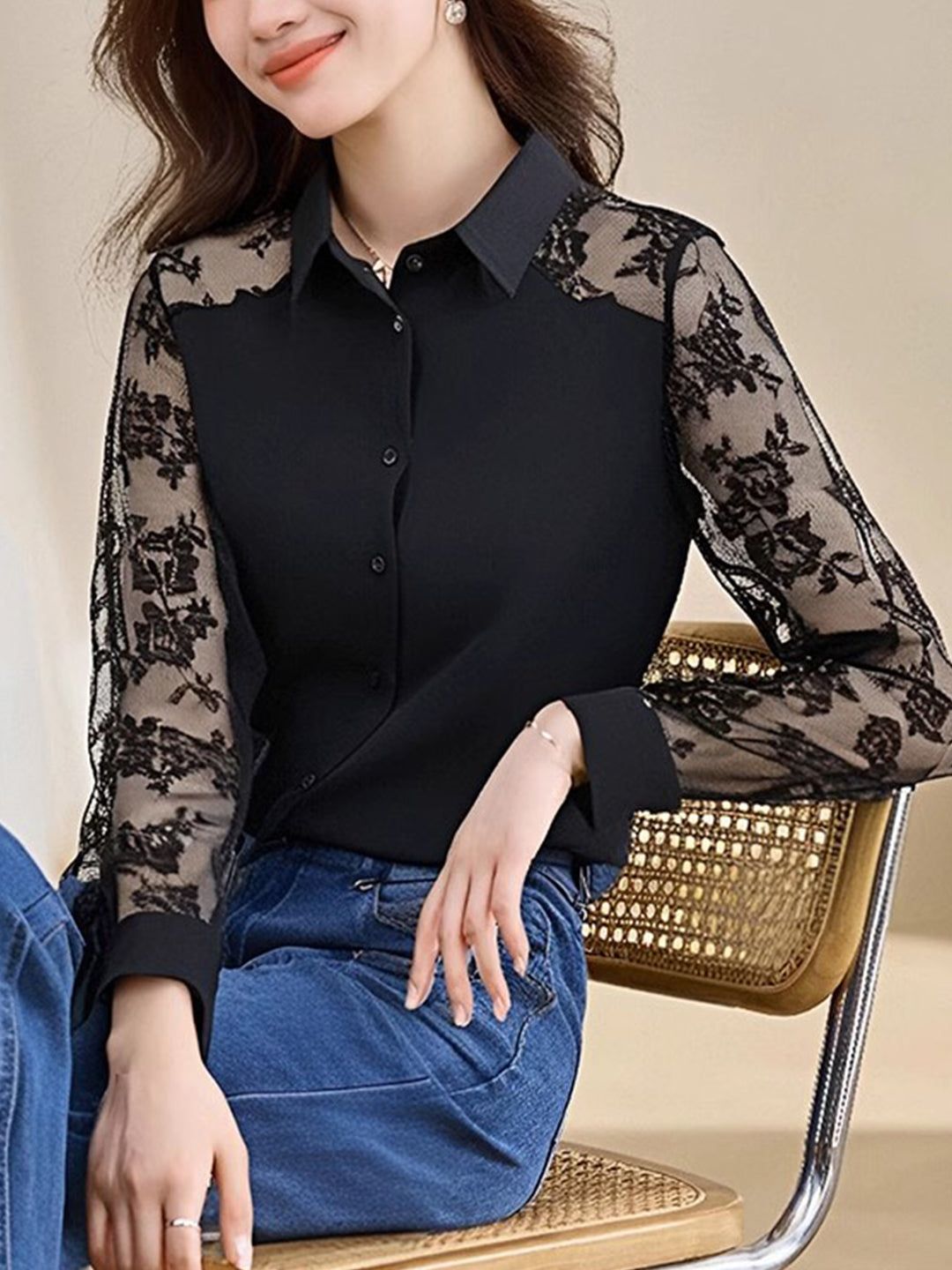 Lace Loose Lapel Chiffon Shirt - Red