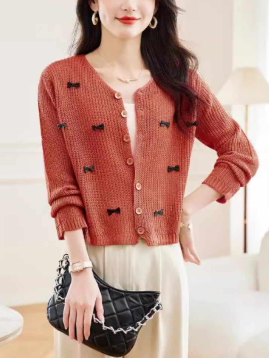 Classic Crew Neck Bow Knitted Top - Green