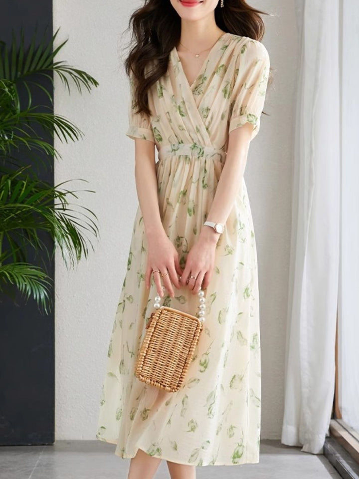 Temperament Short Sleeve Chiffon Dress - Black