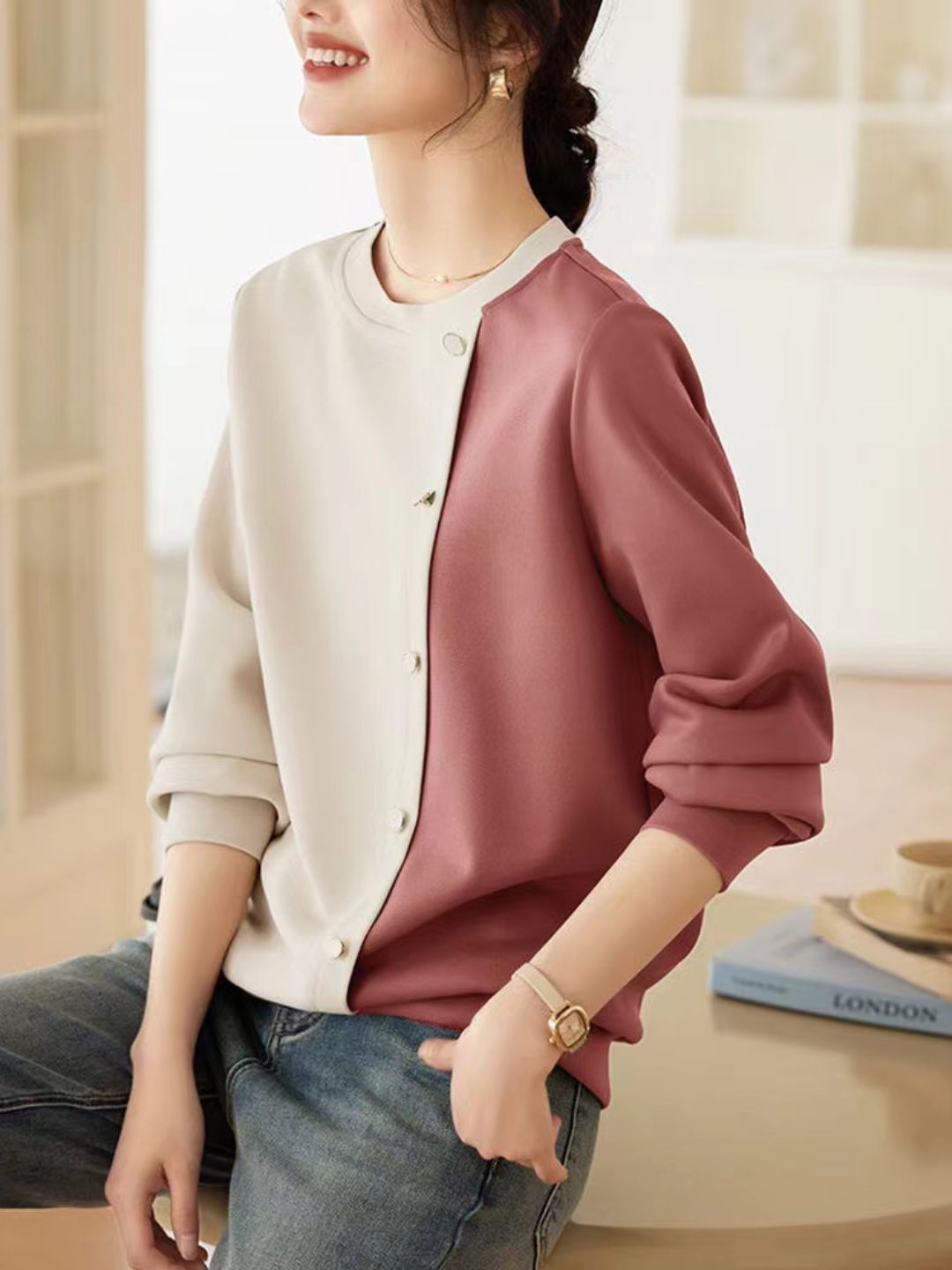 Round Neck Panelled Contrast Top