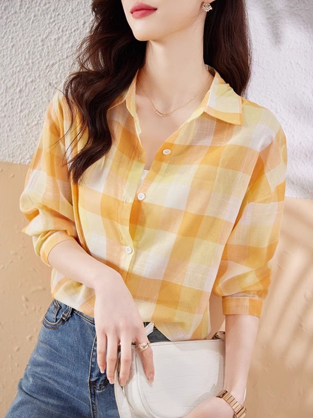 Plaid Chiffon Long Sleeve Shirt - Green