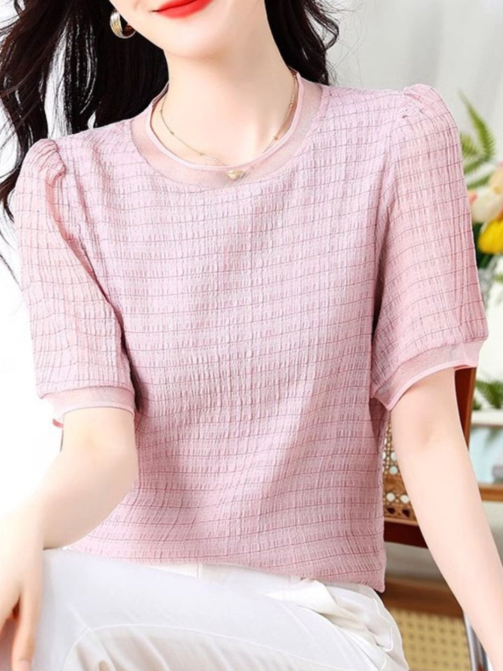 Round Neck Plaid Chiffon Shirt