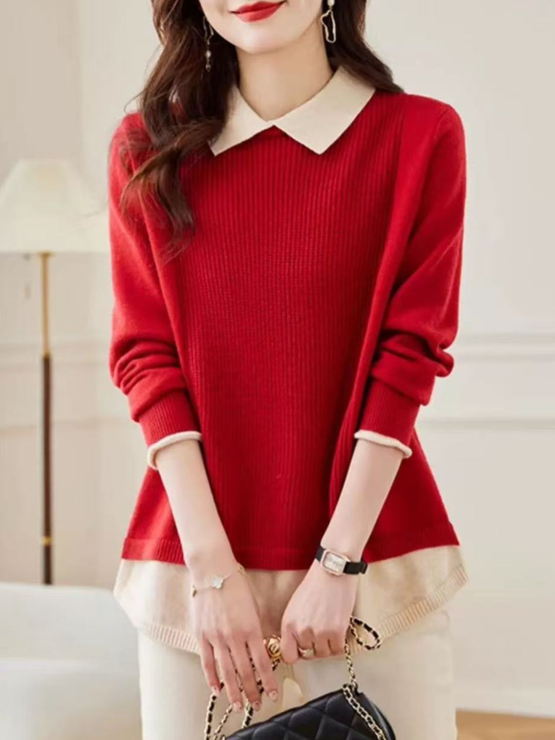 Classic Casual Lapel Sweater - Red
