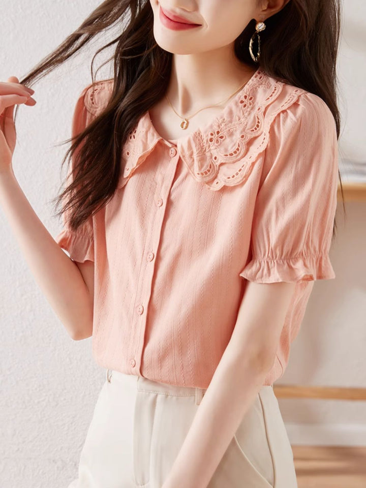 French Lace Double Collar Puff Sleeve Shirt
