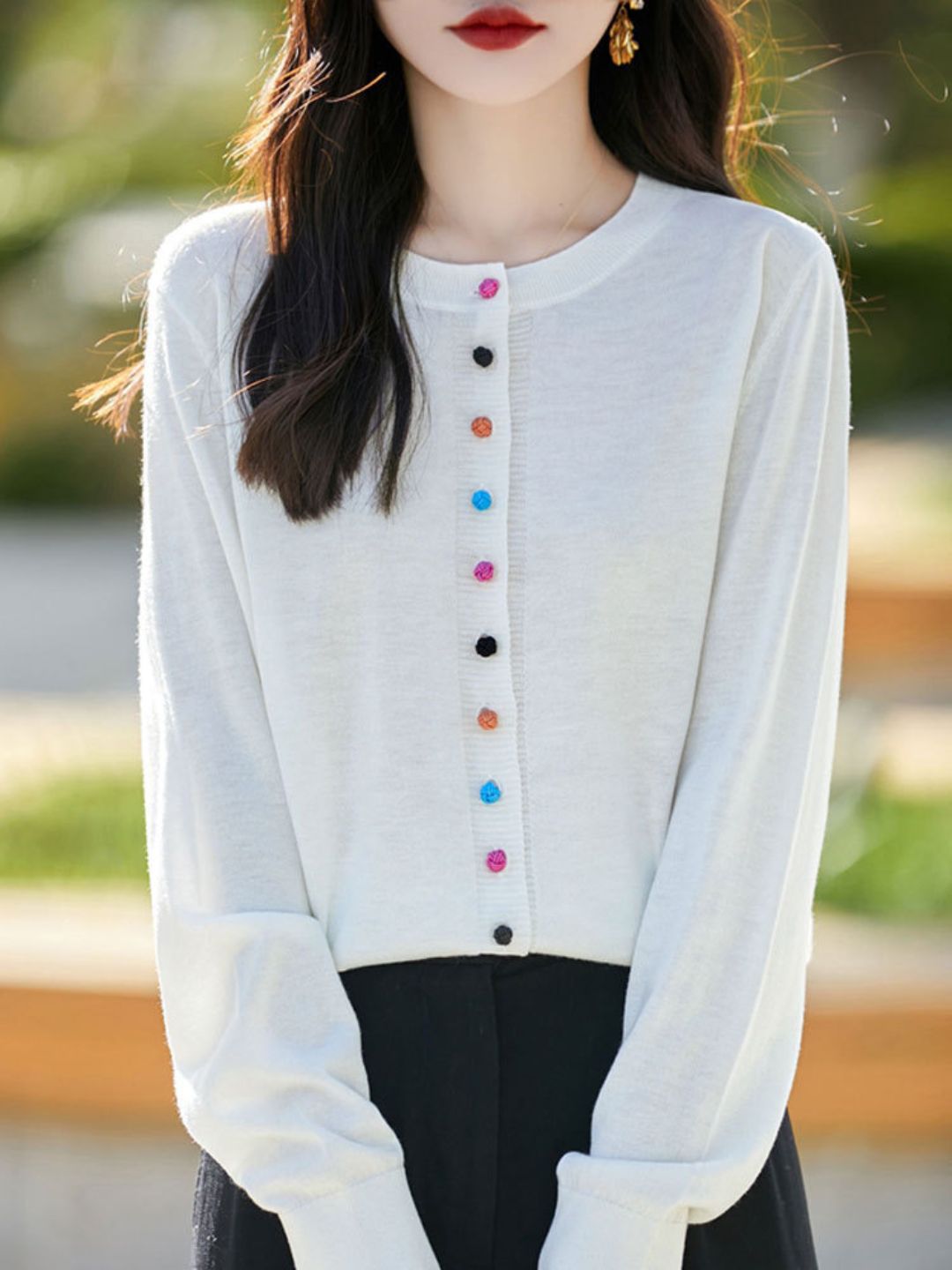 Classic Crew Neck Knit Cardigan -Grey