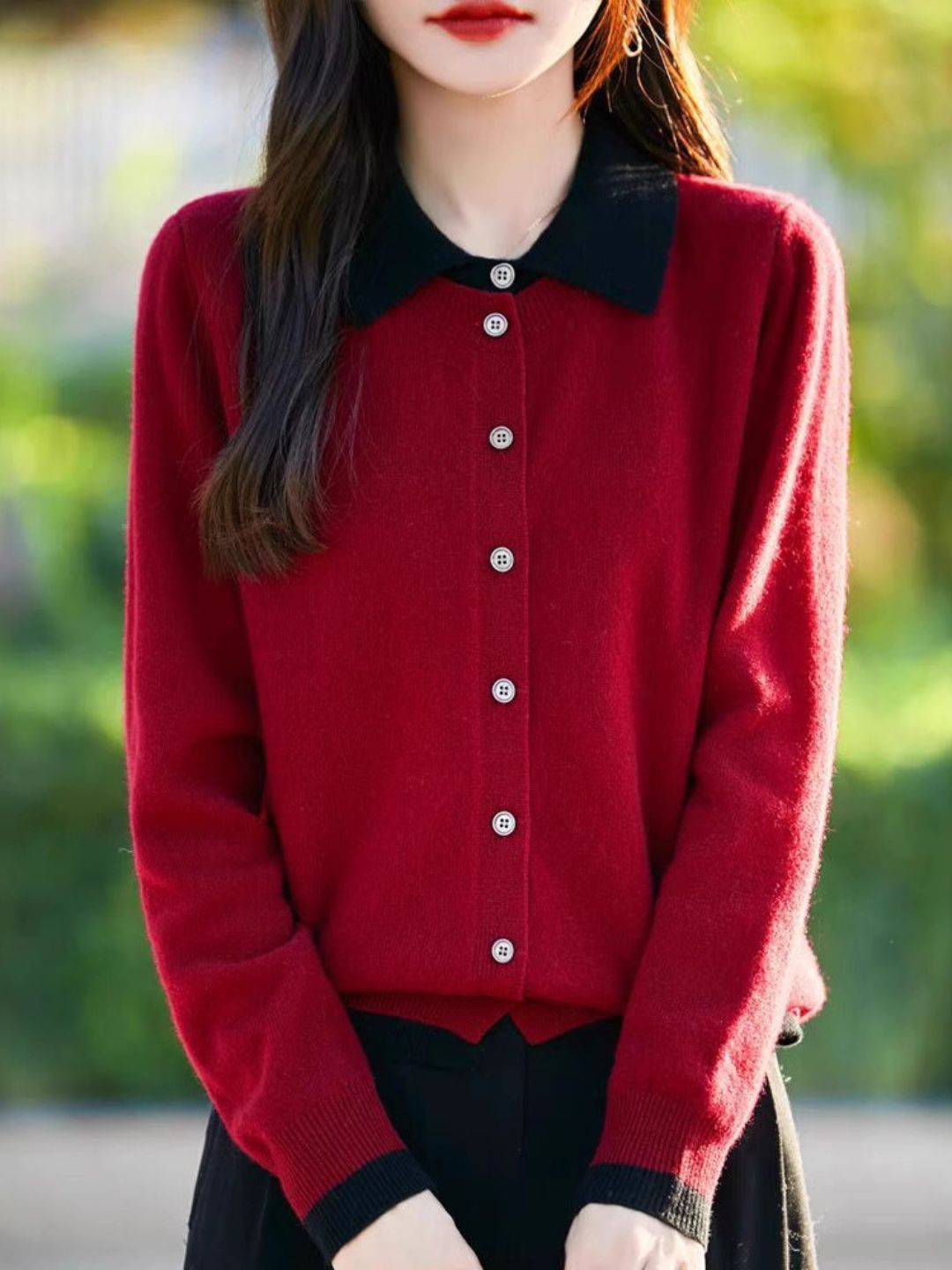 Casual Lapel Colorblock Knit Cardigan Set - Red