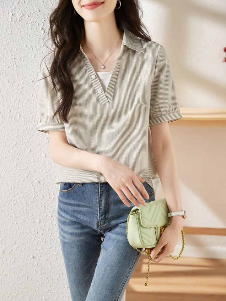 Striped Short-sleeved Lapel Shirt