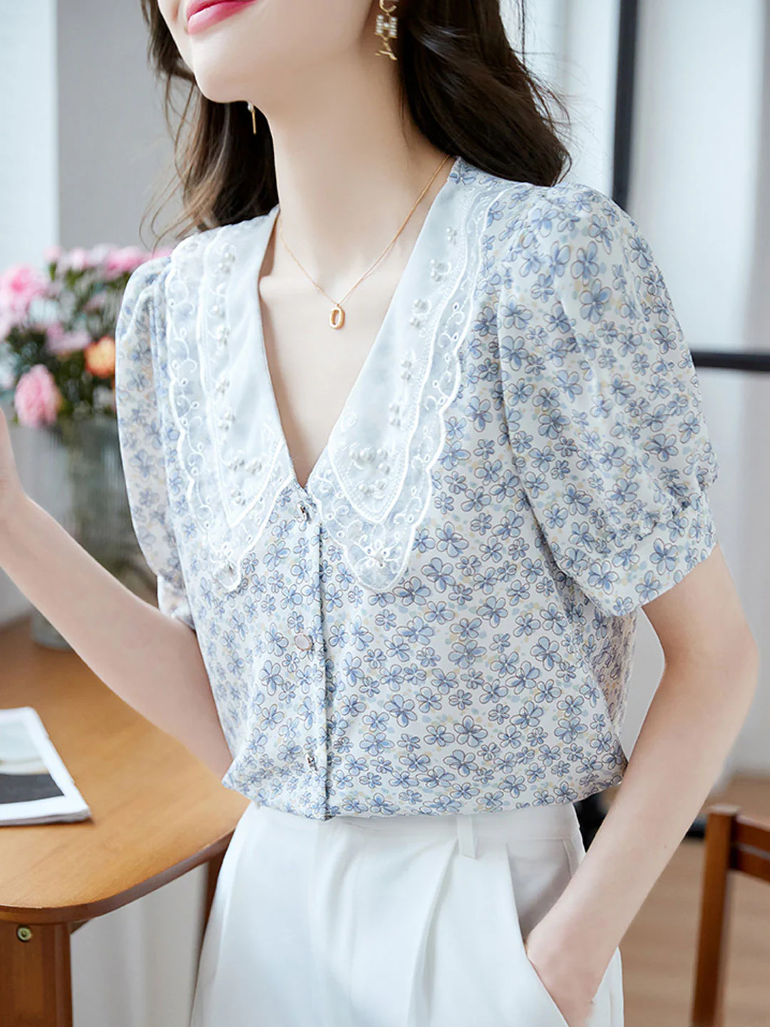 Classic Floral Printed Beaded Chiffon Shirt -Blue