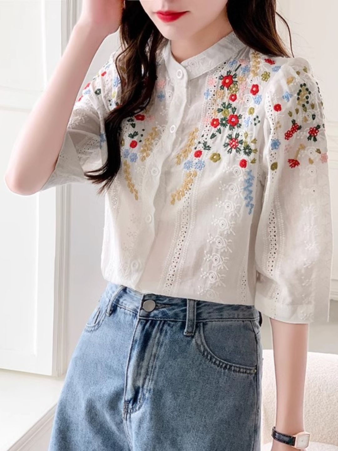 Embroidered Jacquard Stand Collar Shirt