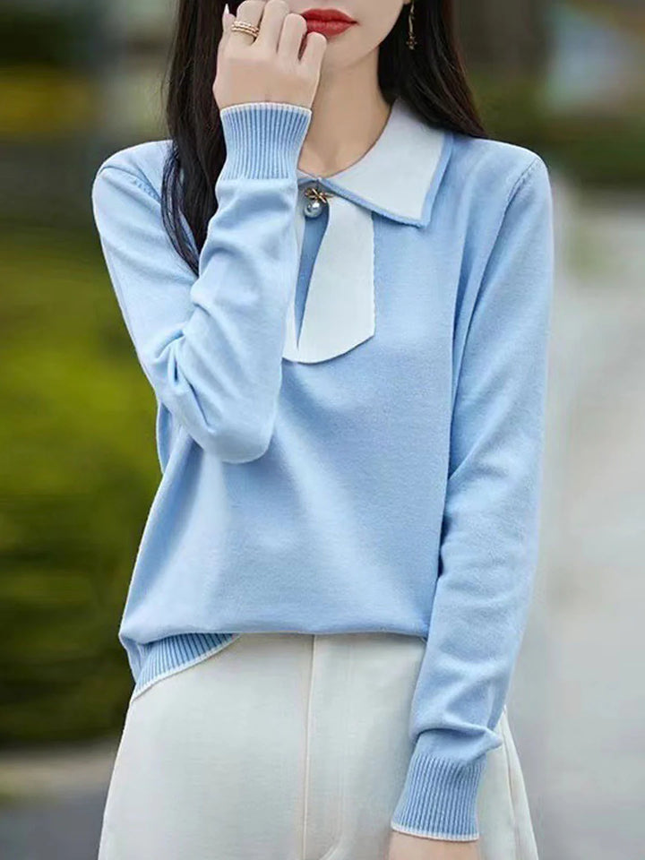 Doll Collar Bow Colorblock Knitted Top