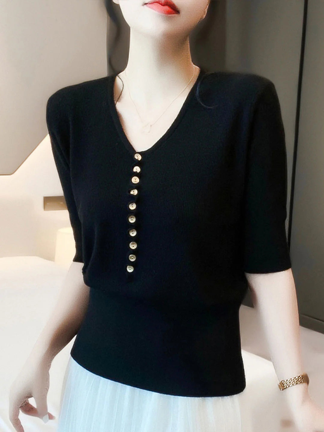 Loose V-Neck Button Knitted Top - Orange