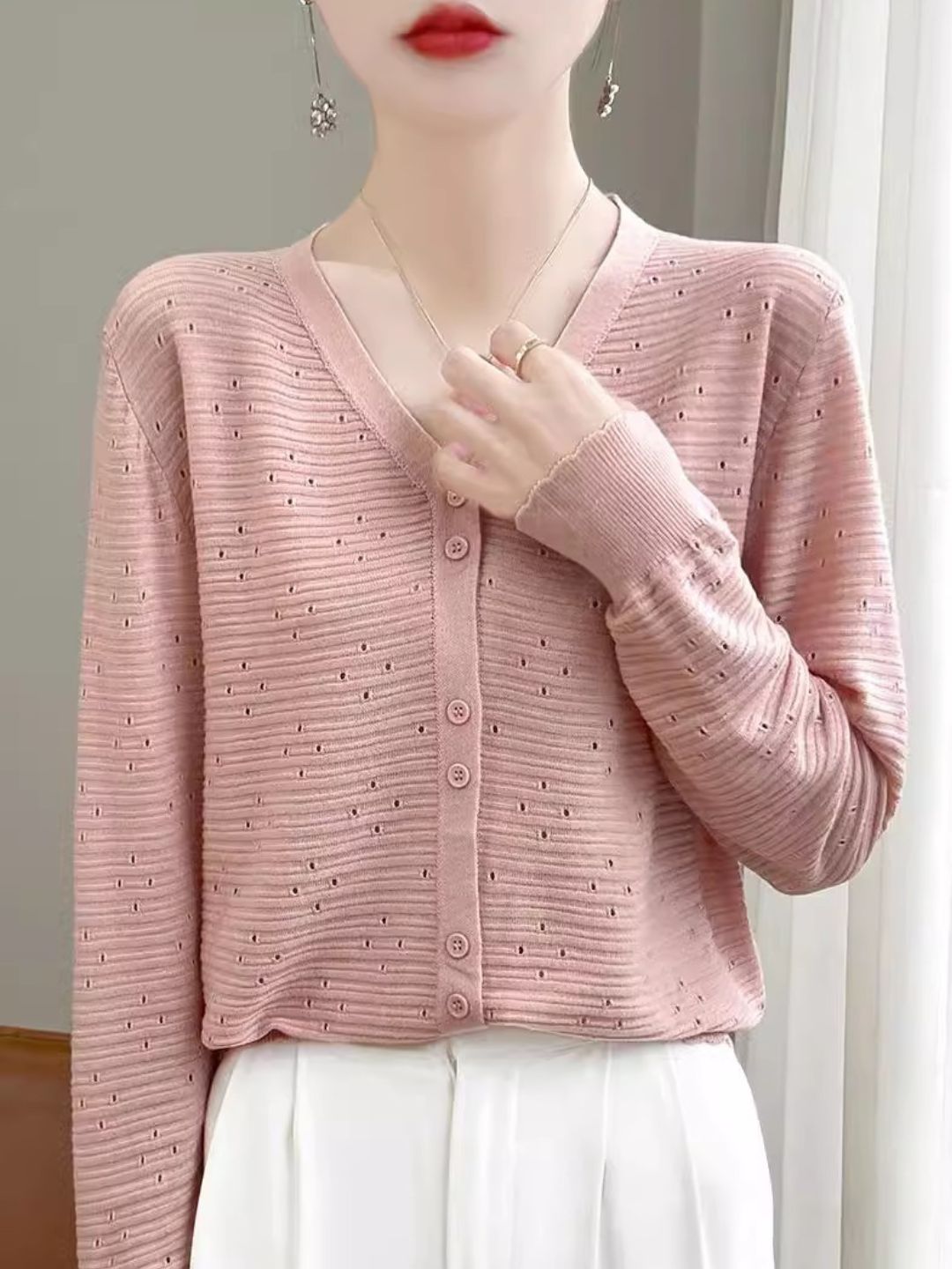 Long Sleeve V-Neck Top Hollow Knit Cardigan - Pink