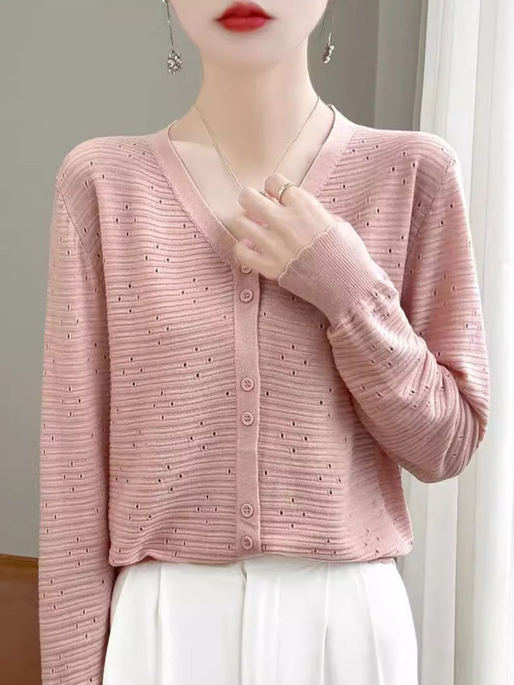 Long Sleeve V-Neck Top Hollow Knit Cardigan - Pink