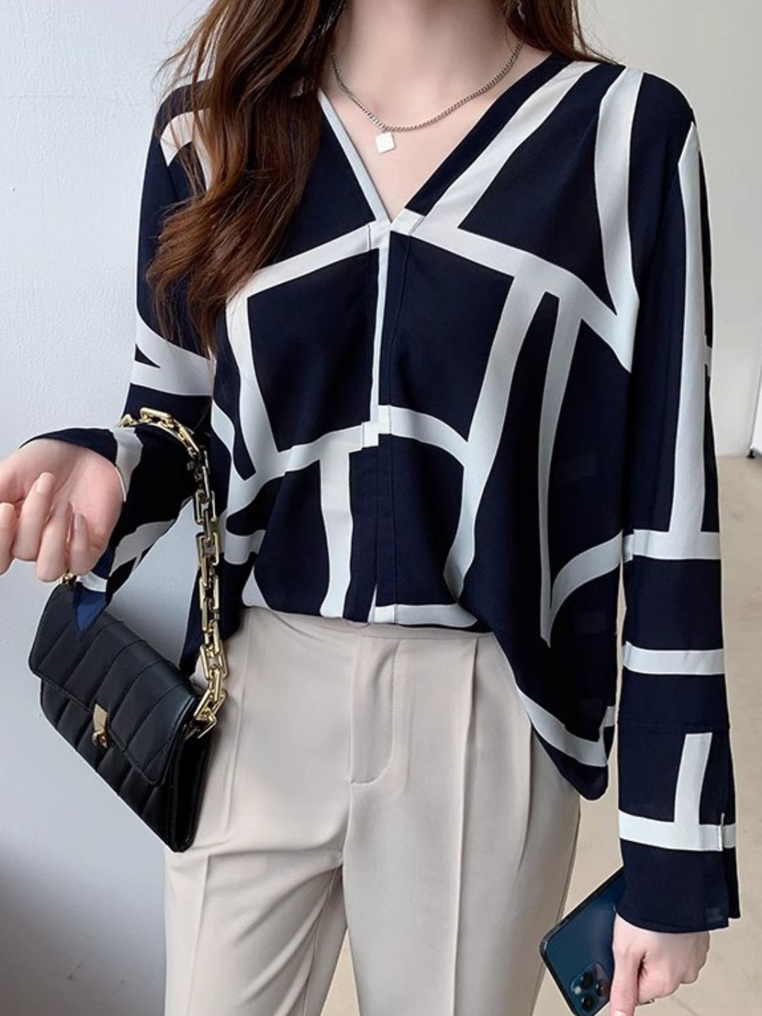 V-neck Fashionable Chiffon Shirt - Apricot