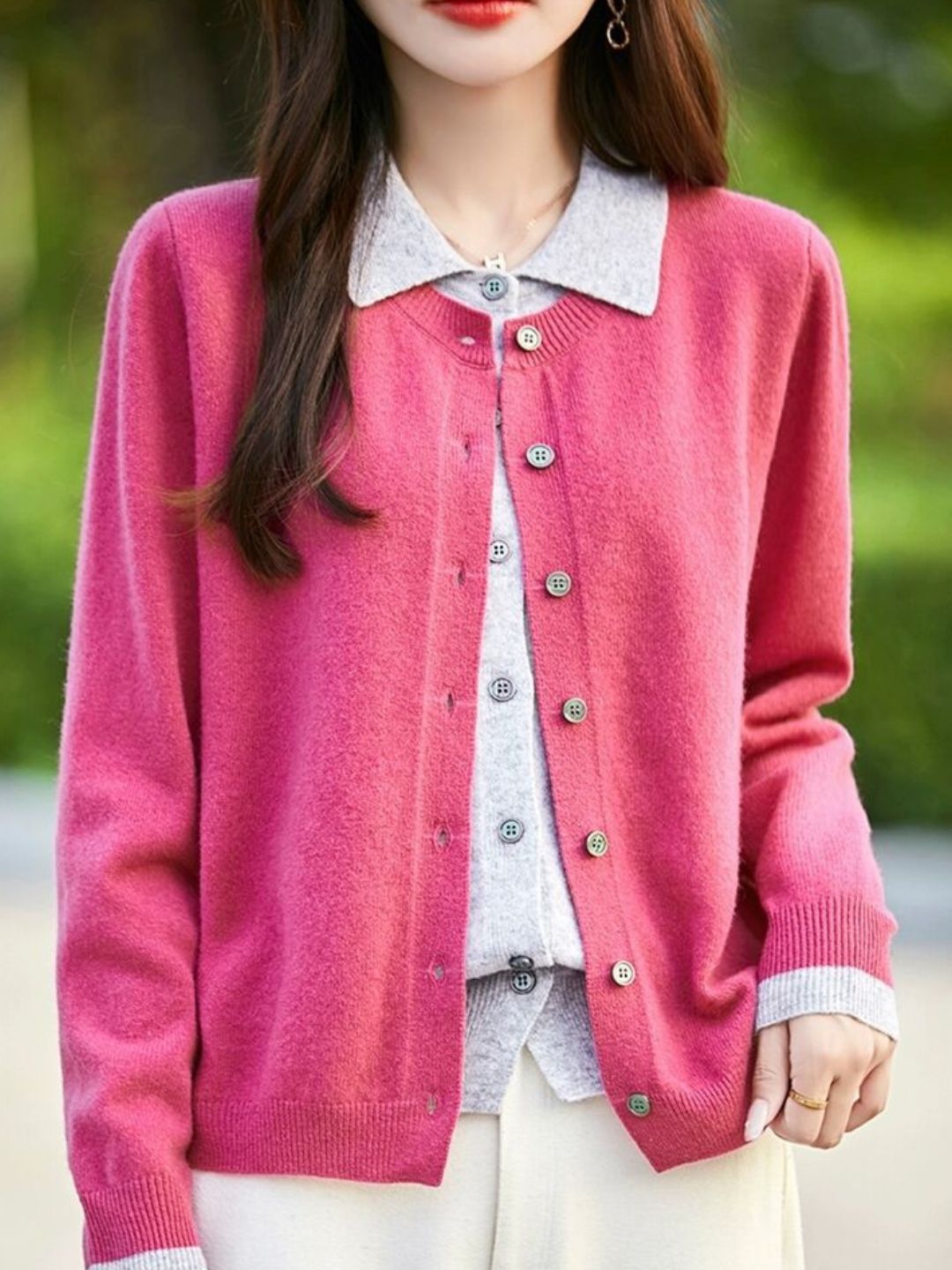 Casual Lapel Colorblock Knit Cardigan Set - Red