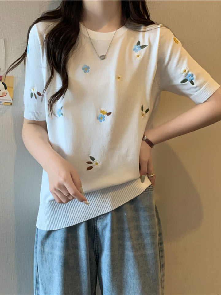 Crew Neck Embroidered Knitted Short Sleeves