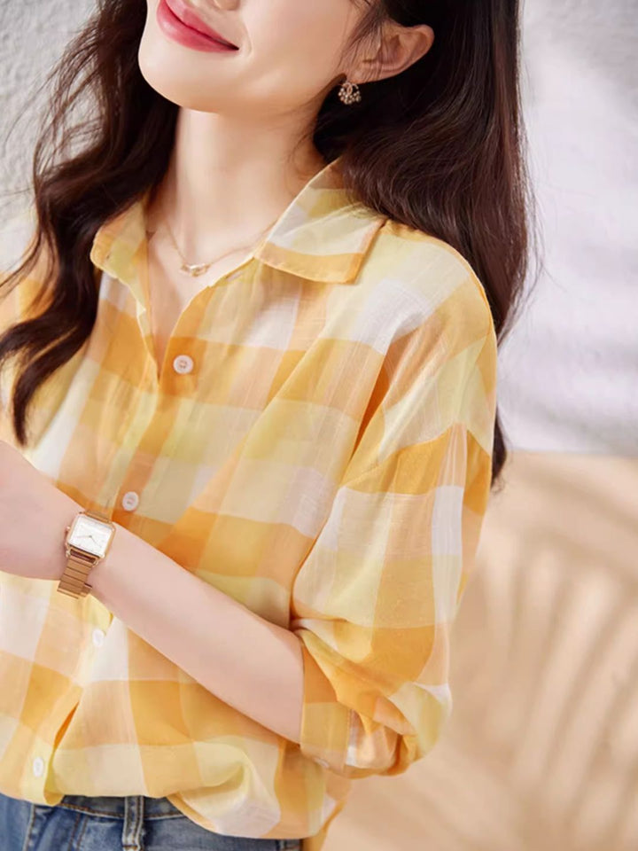 Plaid Chiffon Long Sleeve Shirt - Green
