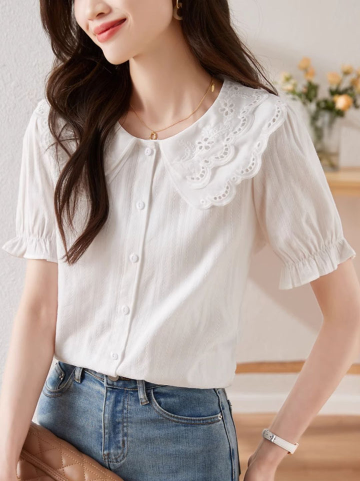 French Lace Double Collar Puff Sleeve Shirt