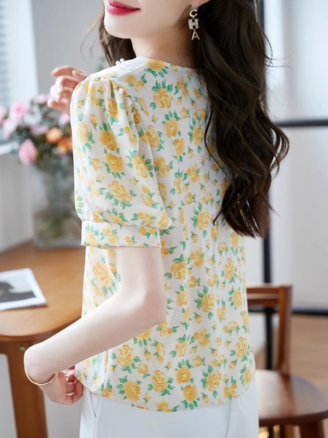 Classic Floral Printed Beaded Chiffon Shirt -Blue