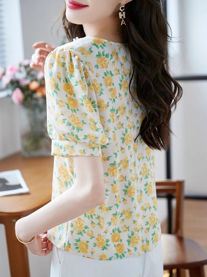 Classic Floral Printed Beaded Chiffon Shirt -Blue