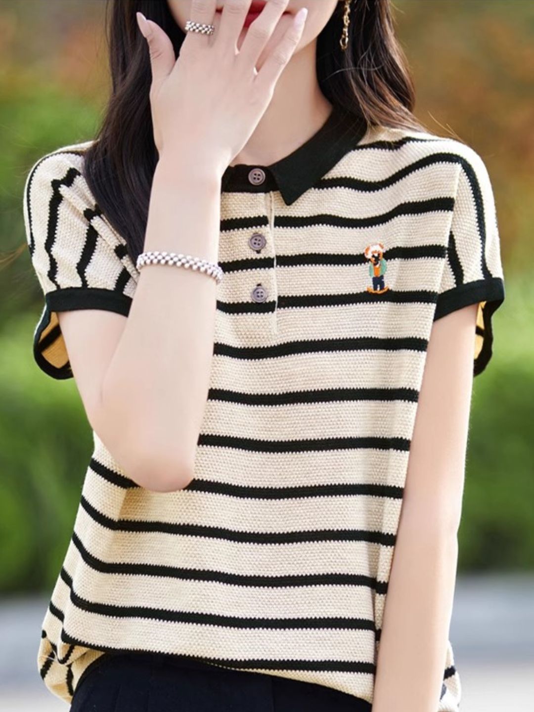 Contrast Stripe Polo Neck T-Shirt
