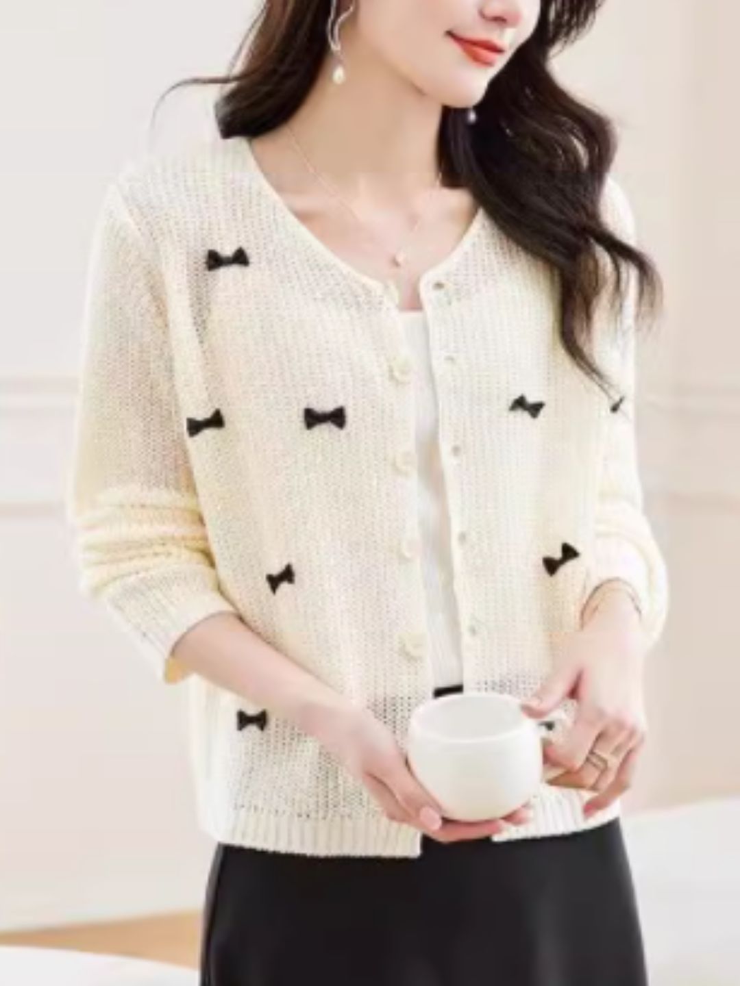 Classic Crew Neck Bow Knitted Top - Green
