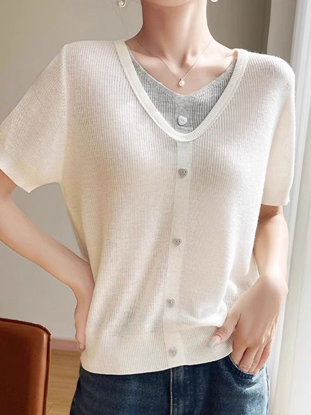Casual V-neck Patchwork Knitted Top