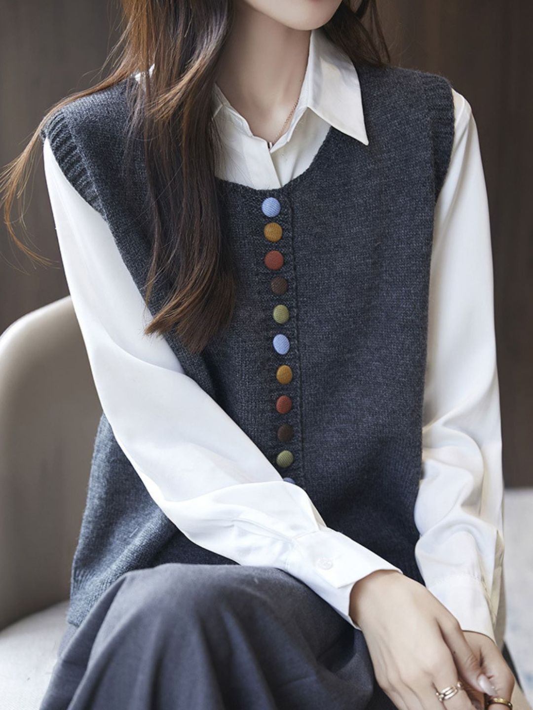 Rainbow Button Knit Vest - Red