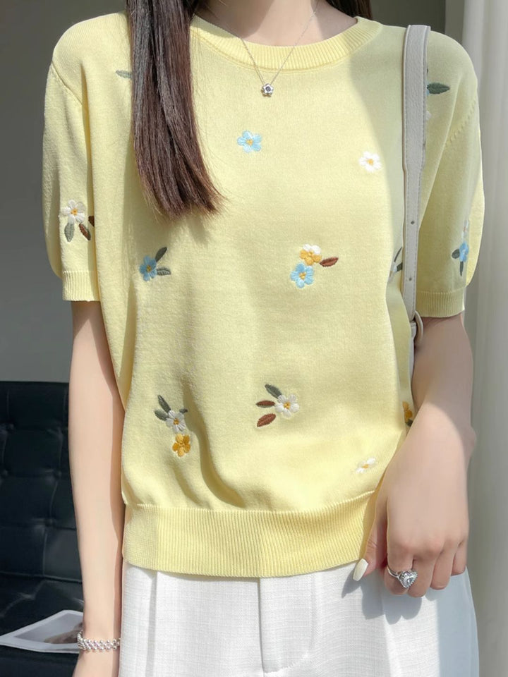 Crew Neck Embroidered Knitted Short Sleeves
