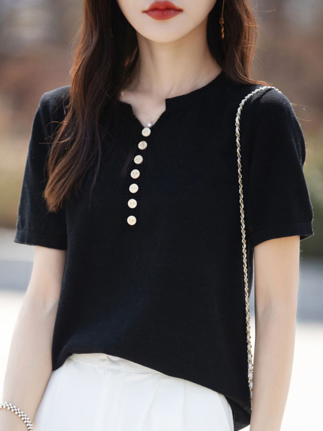 V-Neck Solid Color Loose Top - Pink