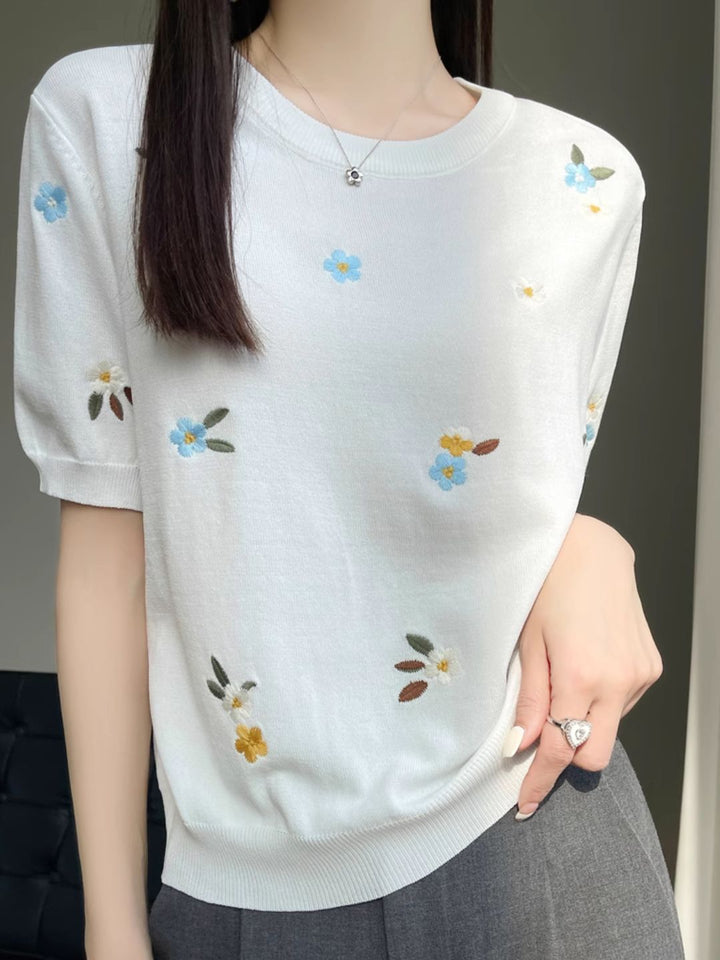 Crew Neck Embroidered Knitted Short Sleeves