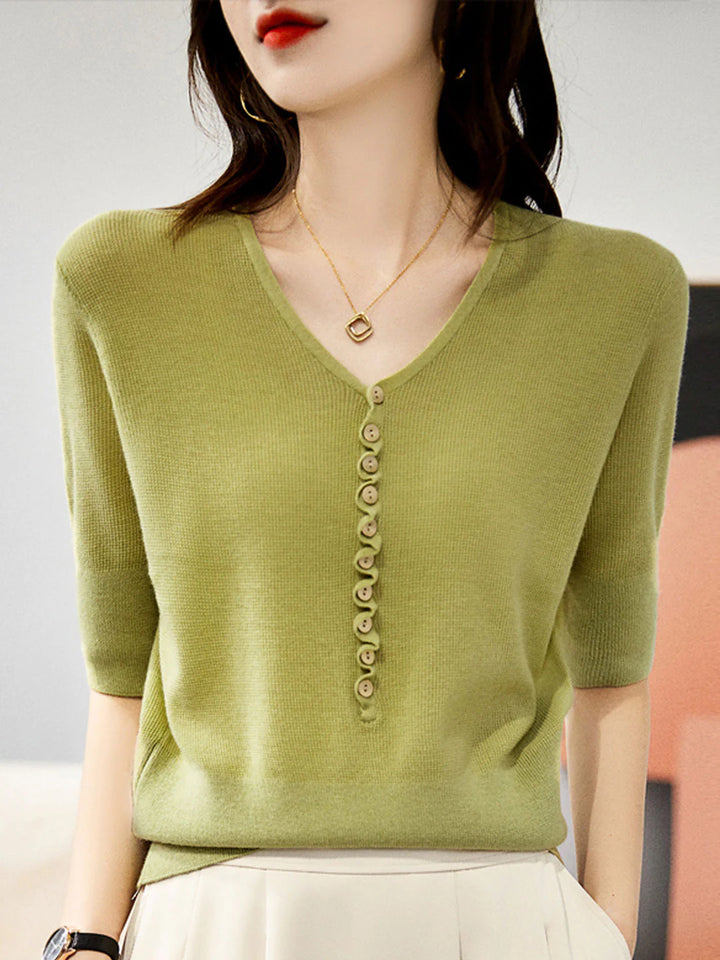 Loose V-Neck Button Knitted Top - Orange