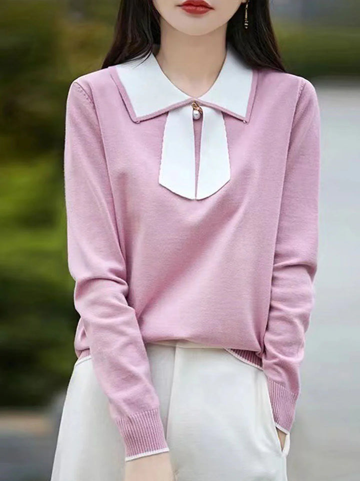 Doll Collar Bow Colorblock Knitted Top