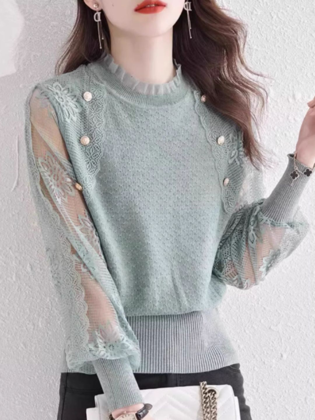 Chic Thin Lace Knitted Bottoming Sweater - Green
