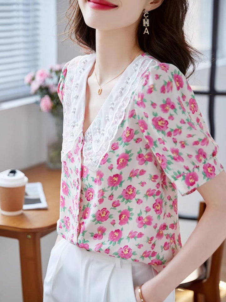 Classic Floral Printed Beaded Chiffon Shirt -Blue